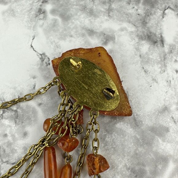 Vintage Art Deco Baltic Amber Collar Pin Brooch Dangle Beds Chain Gold Tone - Picture 5 of 7